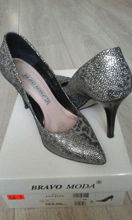 Czarno srebrne szpilki skóra naturalna 35