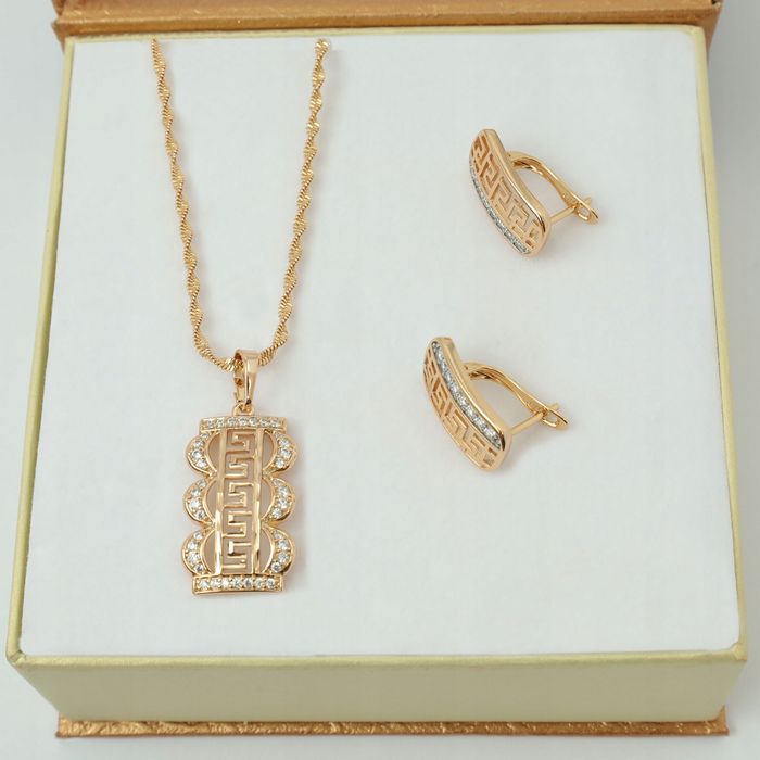 Piękny Gruby Damski Naszyjnik Łańcuszek Grecki + Kolczyki Z Cyrkoniami