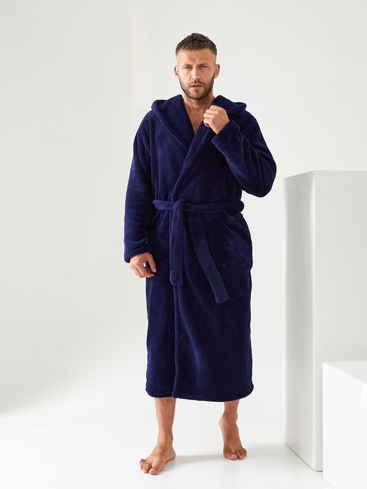 Мужской махровый халат с капюшоном, тёмно-синий, размер L