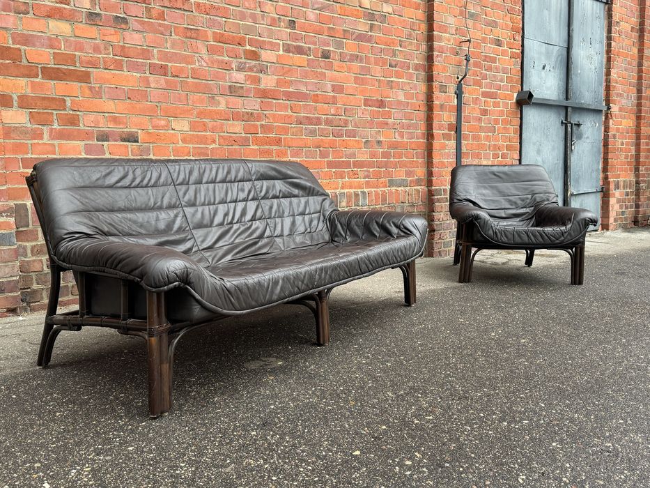 Brutalistyczna skórzana sofa z fotelem,rattanowy stelaż,lata70.vintage
