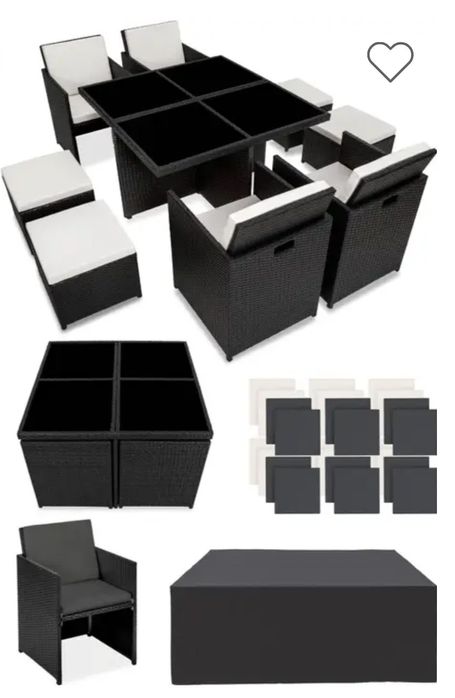 Conjunto de mesa de exterior com tampos em vidro 4 cadeiras e 4 puffs