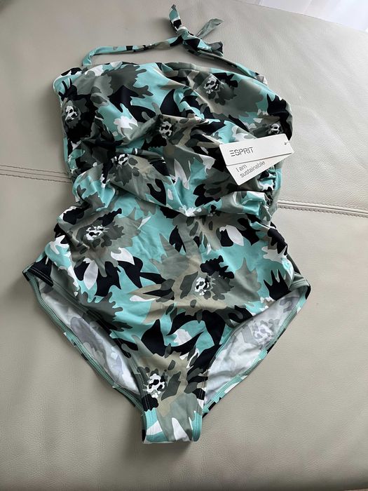 Jednoczęściowy strój kąpielowy Esprit bandeau khaki i mięta z odpinanym wiązaniem na szyi  44 (XXL) nowy z metkami
