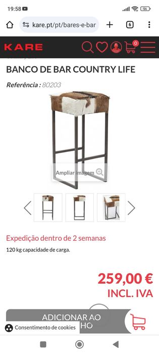 Bancos de Bar 200€/2 em vez 518€, marca KARE