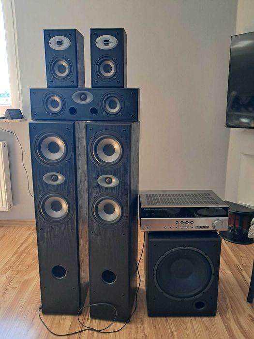 Zestaw Wzmacniacz Yamaha RX-V367 + aktywny Subwoofer Magnat + pięć głośników Eltax 2 kolumny, 1 poziomy, i 2 wiszące