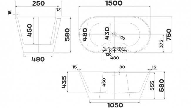 BRAIDER Akrylowa Wanna Wolnostojąca SUVERENIA z baterią 150 x 75 Biała