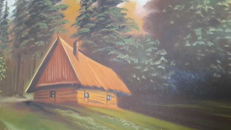Stary OBRAZ pejzaż rzeka łódka 95,5 cm x 63 cm