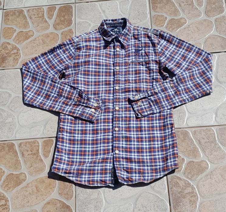 Koszula męska w granatowo pomarańczową kratkę