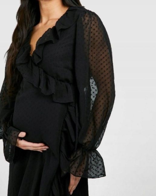 Sukienka ciążowa kopertowa z paskiem, falbany