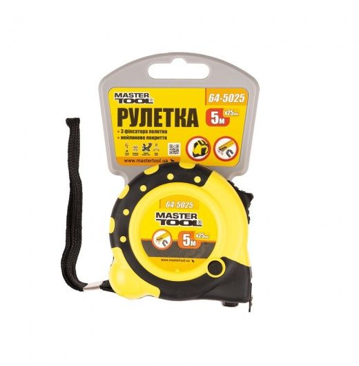 Рулетка MASTERTOOL 5 м 25 мм з магнітами 2 фіксатори кнопка STOP