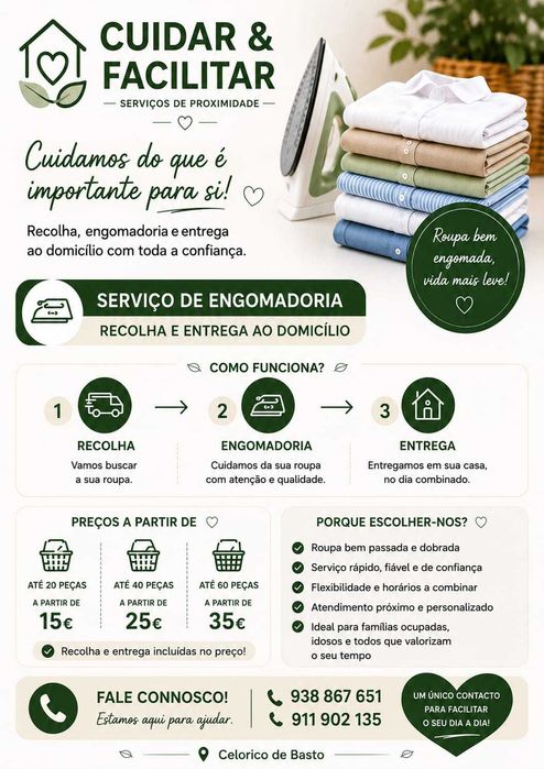 Serviço de engomadoria. Entrega e recolha ao domicilio