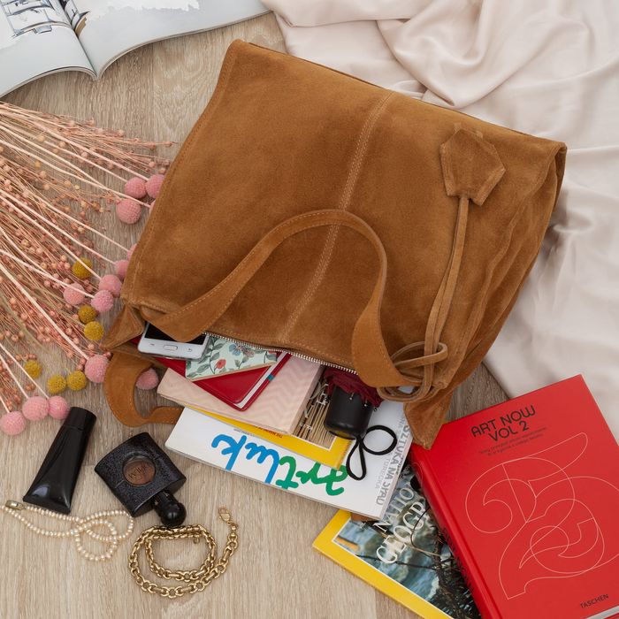 VERA PELLE torebka zamszowa shopper klasyczna na ramię V624 camel