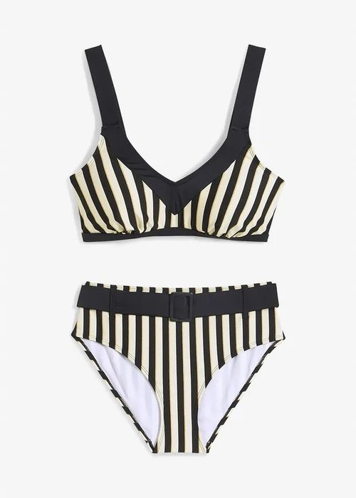 B.P.C bikini kremowo-czarno-złote w paski z figami z paskiem r.42