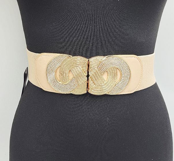 Pasek damski ELASTYCZNY guma beżowy złota ósemka z cyrkoniami