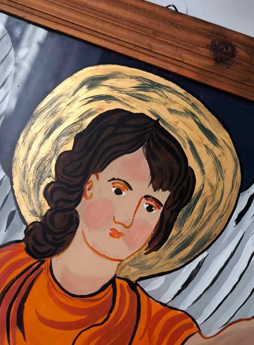 Stary polski obraz religijny Anioł malowany na szkle, Design Vinage