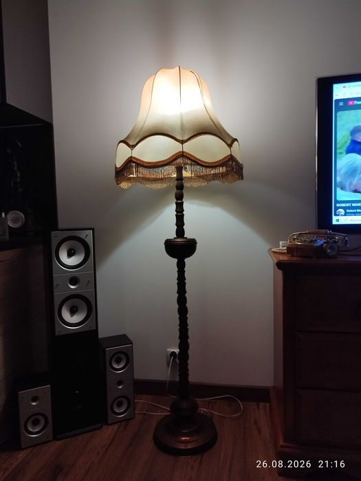 Lampa stojąca stara drewno mosiądz
