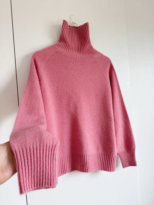 Sweter golf nowy 100%wełna boxy pudelkowy rozowy klasyczny prazkowany