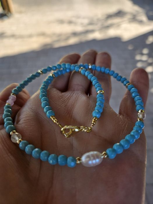 Naszyjnik Choker kamienie naturalne Jadeit Perła naturalna Kryształ