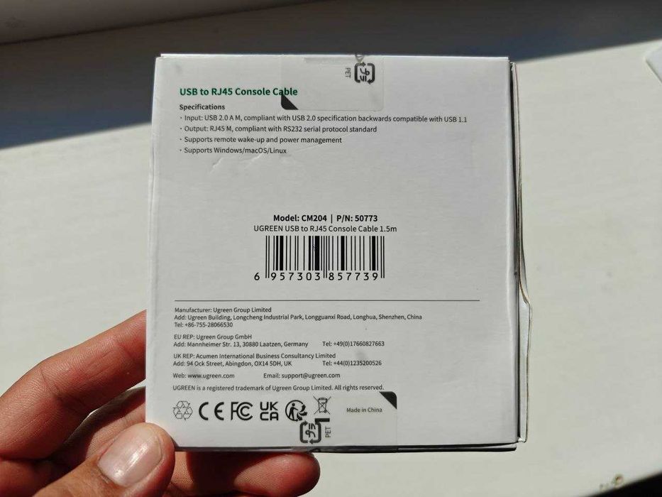Кабель RS232 UGREEN CM204 Console Cable USB to RJ45 Adapter for Cisco Router Переходник 8P8C 1.5m