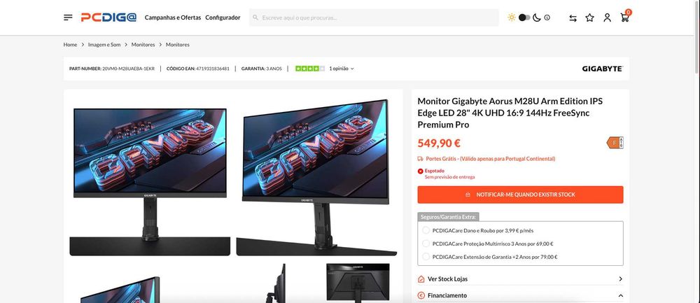 Monitor Gigabyte Aorus M28U Arm Edition IPS Edge LED 28" 4K UHD 144Hz