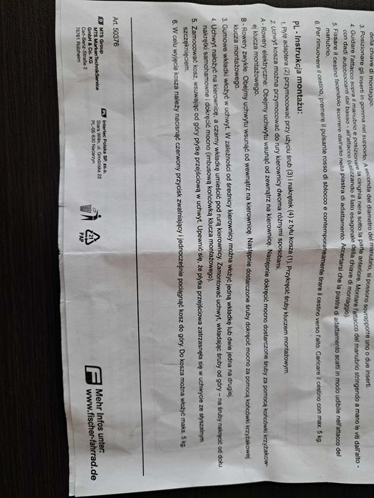 Kosz Koszyk przedni na rower Fischer E-Bike art. 50376