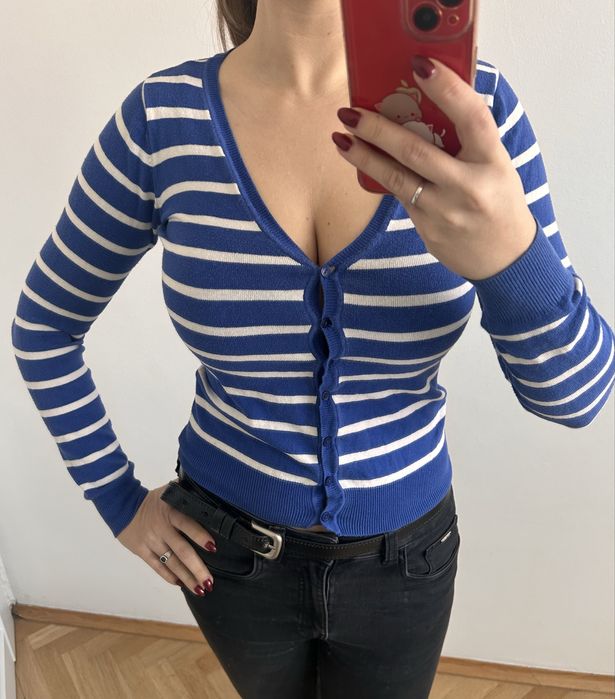 ATMOSPHERE zapinany sweterek r. S chabrowy w białe paski