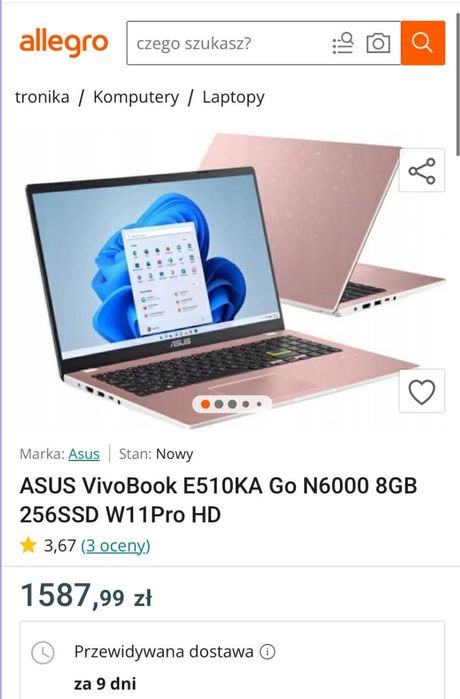 ASUS VivoBook E510KA Go N6000 8GB 256SSD W11Pro HD