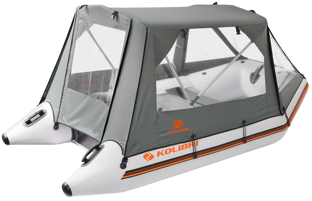 Ponton Kolibri KM-360D z kilem, aluminiową podłogą, kołami slipowymi i namiotem