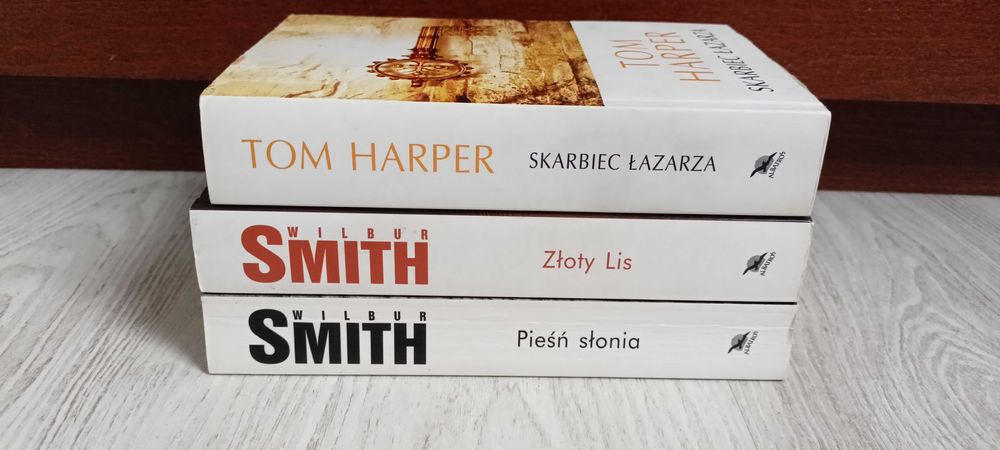 3x Wilbur Smith Złoty Lis + Pieśń Słonia + Tom Harper Skarbiec Łazarza