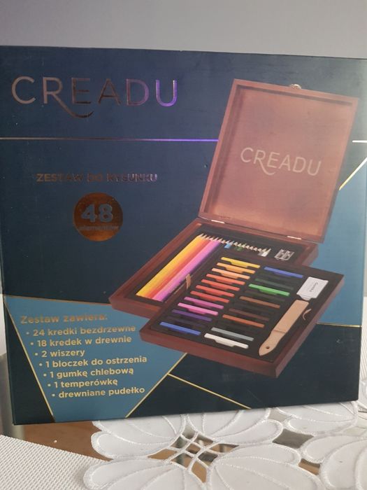 Creadu zestaw do rysunku szkicu kredki pastele kuferek drewniany