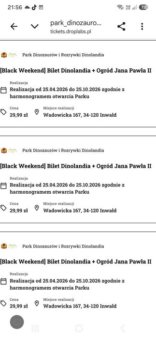 Dinolandia i Park Jana Pawła 4 bilety Inwałd