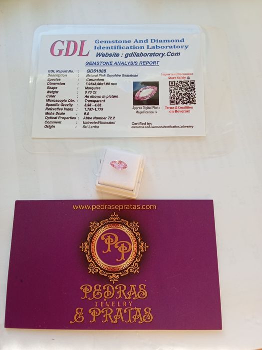Safira Natural Rosa Certificada   0.70 Quilates