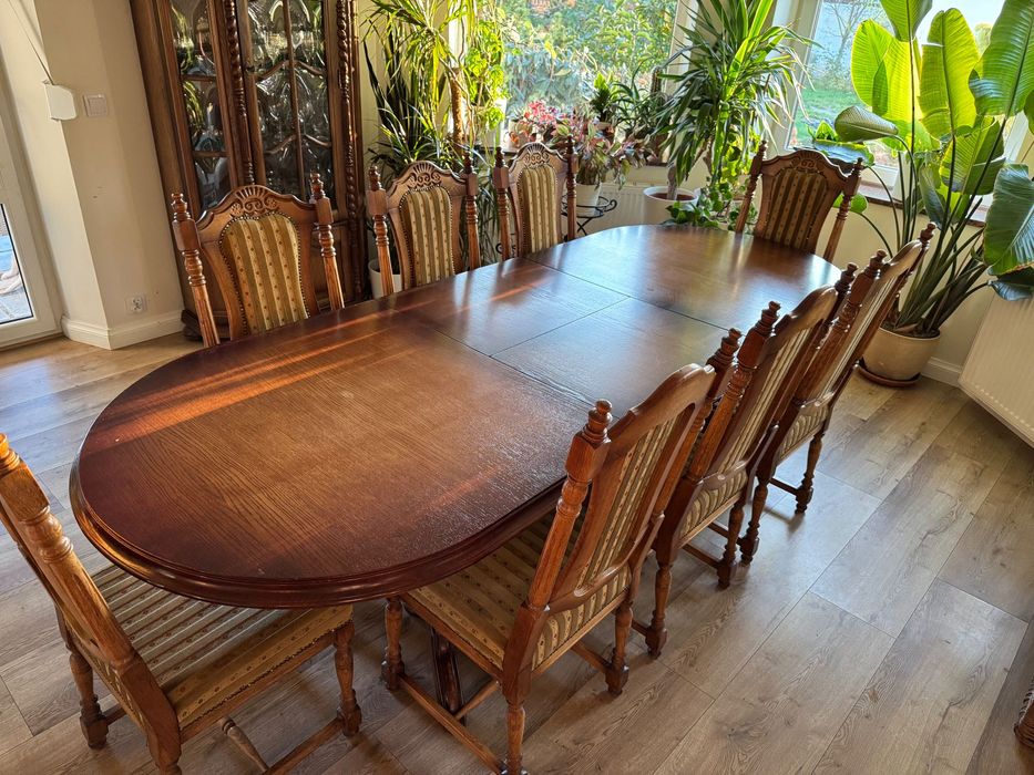 Duży Stół Dębowy Rozkładany 270cm + 8 Krzeseł. Styl Holenderski
