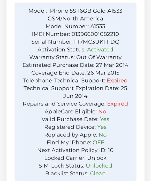 iPhone 5s 16gb gold neverlock