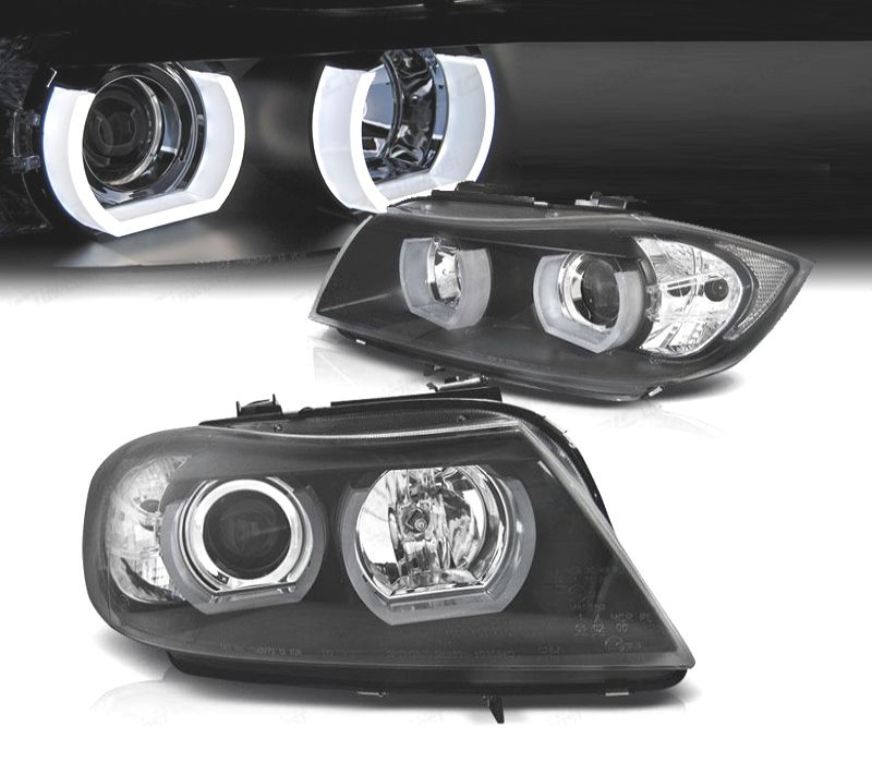 FARÓIS BMW E90 E91 05-08 ANGEL EYES 3D FUNDO PRETO
