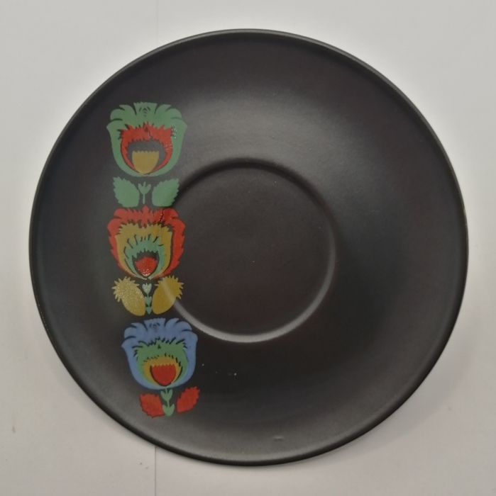 Talerze Pruszków, czarny porcelit, talerzyki, zestaw, łowicki wzór
