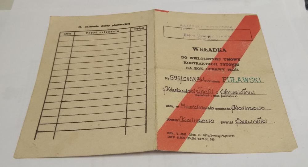 Dokument kolekcjonerski 1982 r. – Kontraktacja tytoniu (Kalinowo)