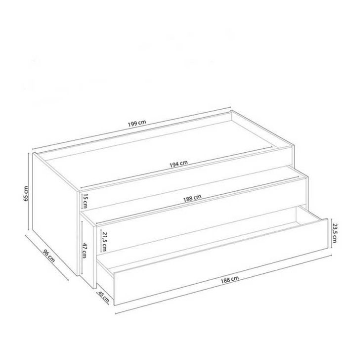 Estúdio moderno com duas camas, prateleira, estrados e colchão