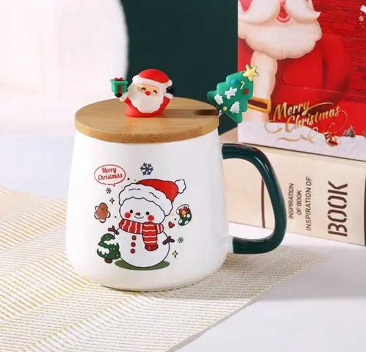 НОВОРІЧНИЙ набір  чашка Сніговик з ложкою і кришкою в коробці-пакеті