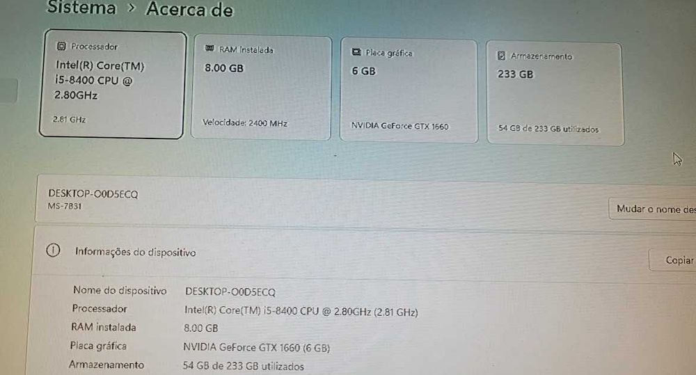PC Fixo i5 8a geracao/8gb/SSD NVE