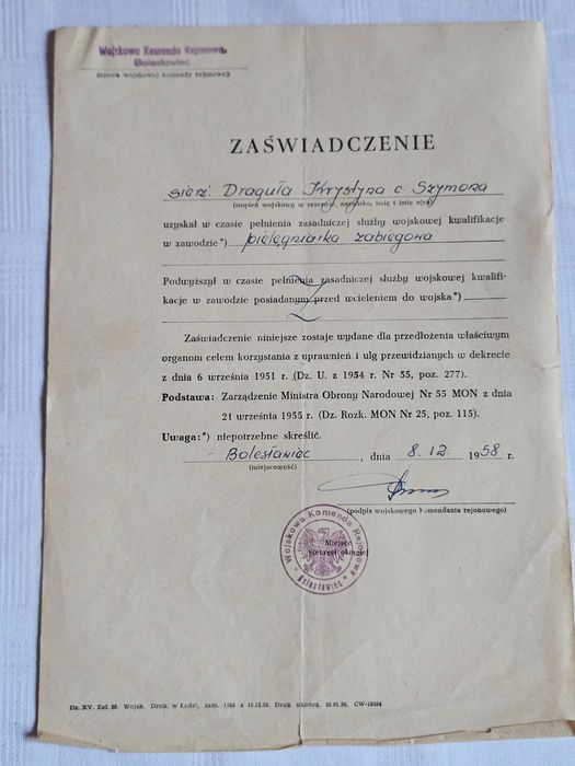 Stary dokument zaświadczenie pielęgniarka zabiegowa 1958r