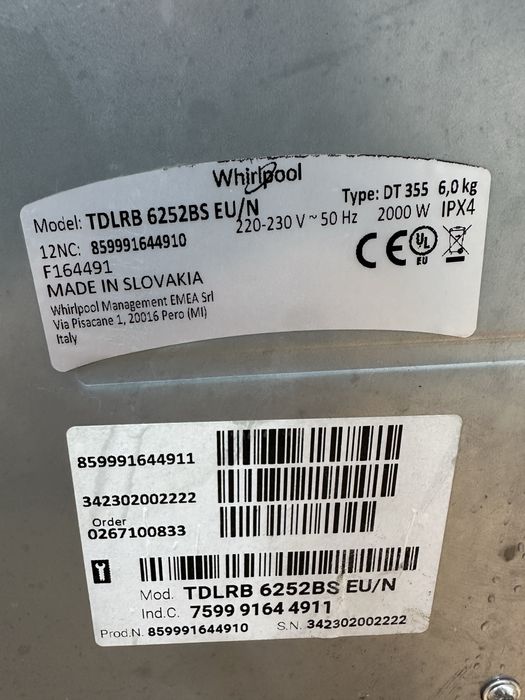 пральна  машина Whirlpool TDLRB 6252BS інвертор без ременя прямий