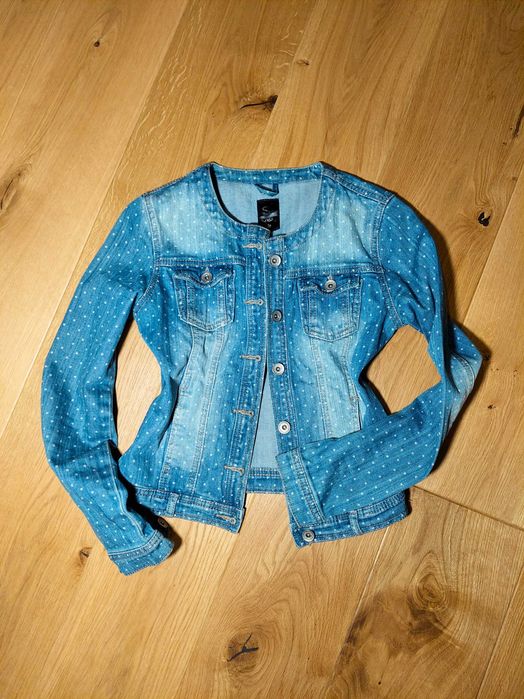 Jeansowa katana w białe kropeczki krótka kurtka jeans XS