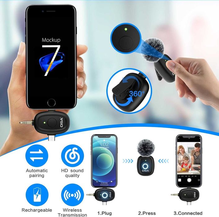 OSA Microfones para 3 Sistemas iPhone - Android - Cameras - Pc