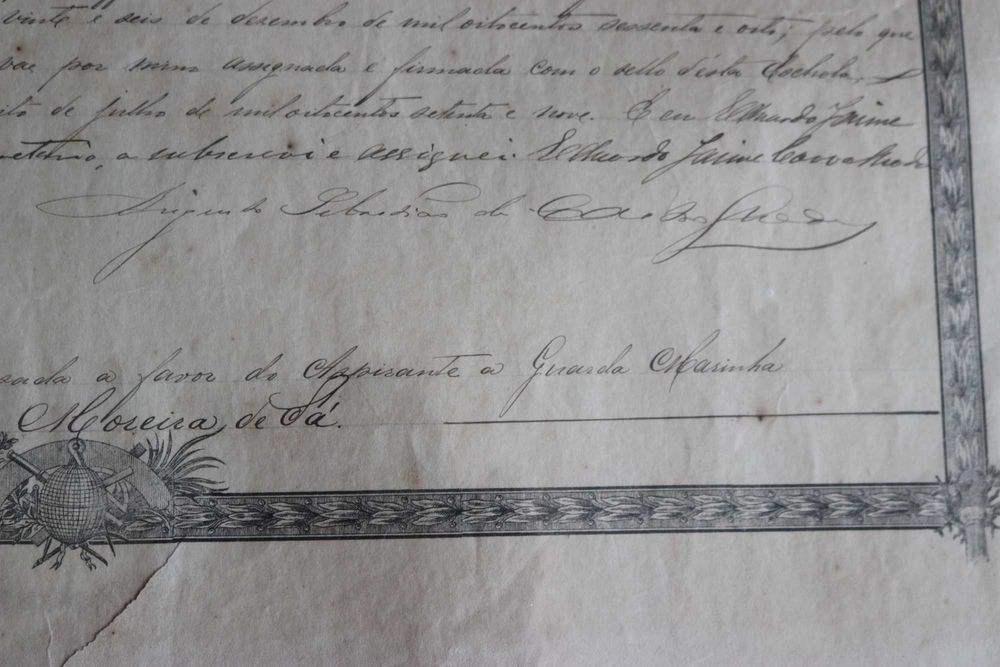 Diploma da Escola Naval 1868 João J. Moreira de Sá (Iate Amélia)