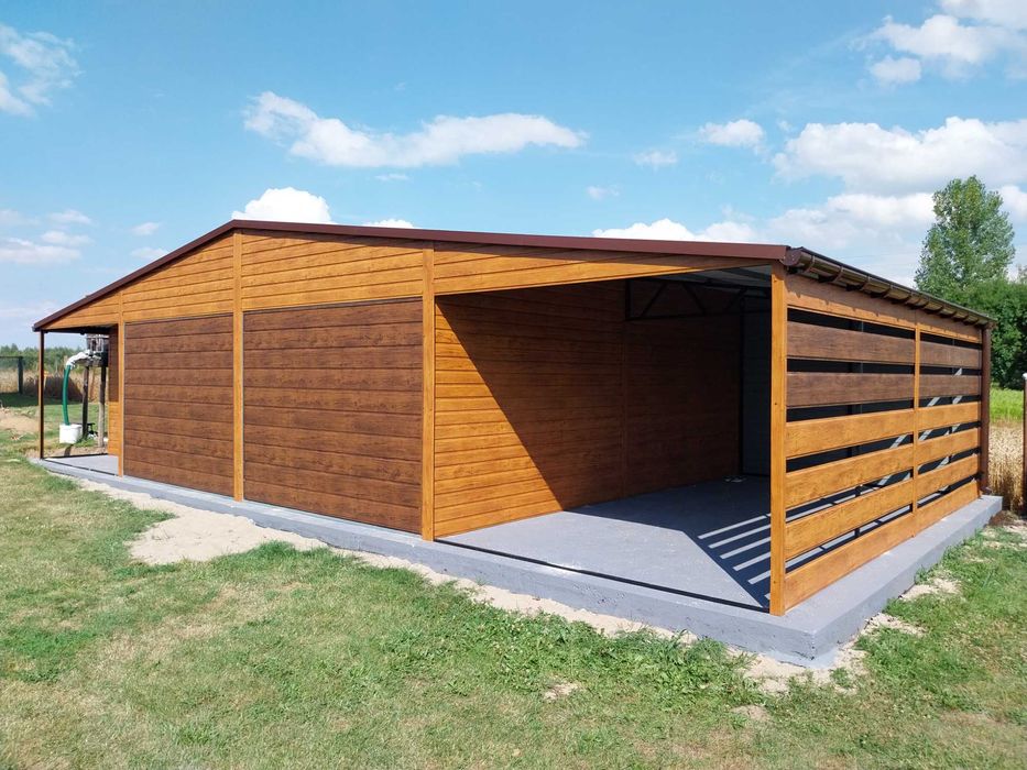 Garaż blaszany biały 12x5 nowoczesne garaże Gregor z wiatą panelową