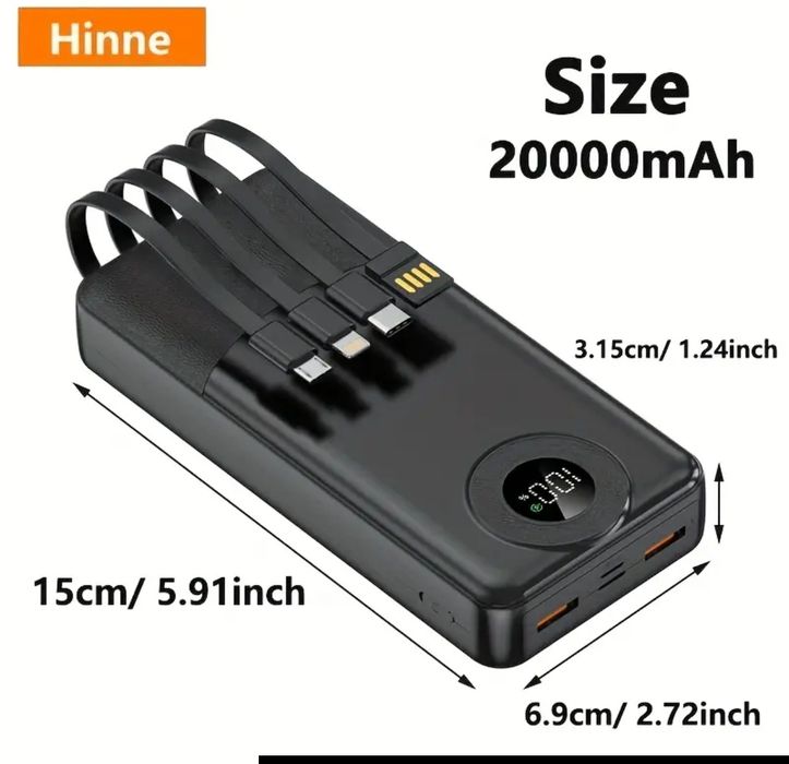 Повербанк 20000 mAh з вбудованими кабелями та дисплеєм (Hinne)