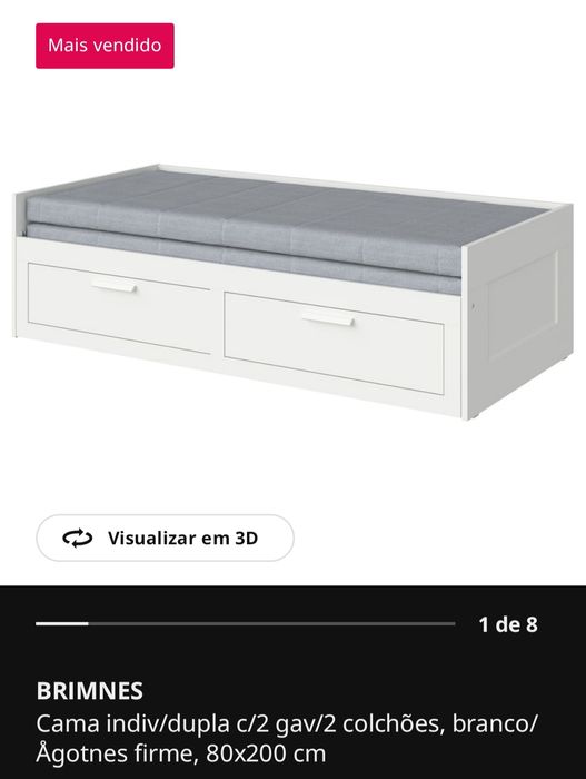 Cama Divã IKEA BRIMNES c/ 2 Gavetões + 2 Colchões ÅGOTNES (Como Nova)