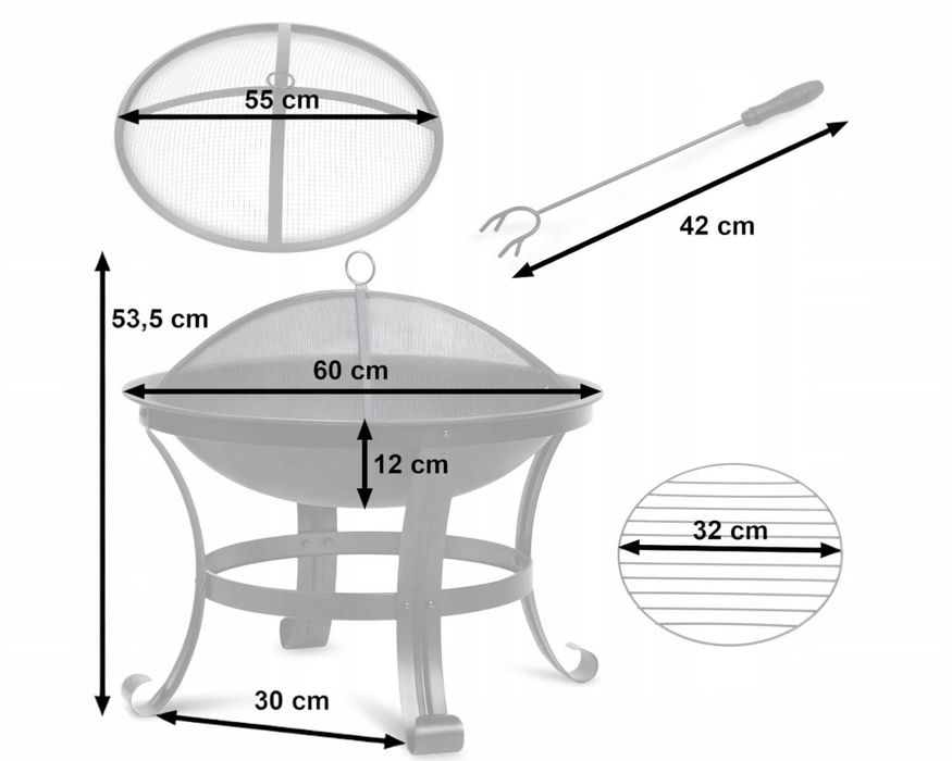 Palenisko ogrodowe 60 cm stalowe z uchwytami + pogrzebacz