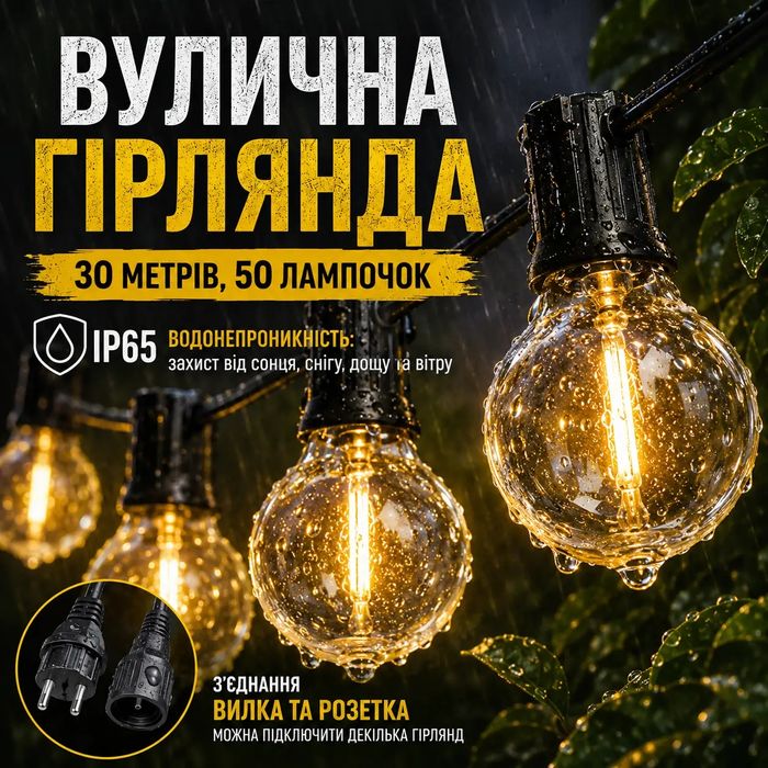 Вулична гірлянда 30 м 50+2 лампочок вулична ретро гірлянда підвісна 220V з теплим білим світлом для тераси, альтанки, двор