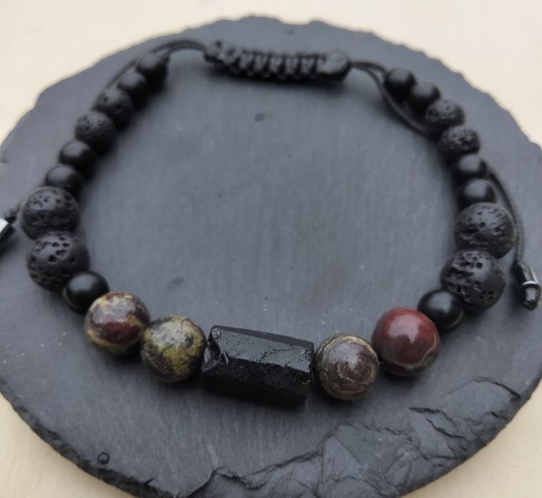 Bransoleta  regulowana, czarny turmalin,jaspis smocza krew,onyks,lawa